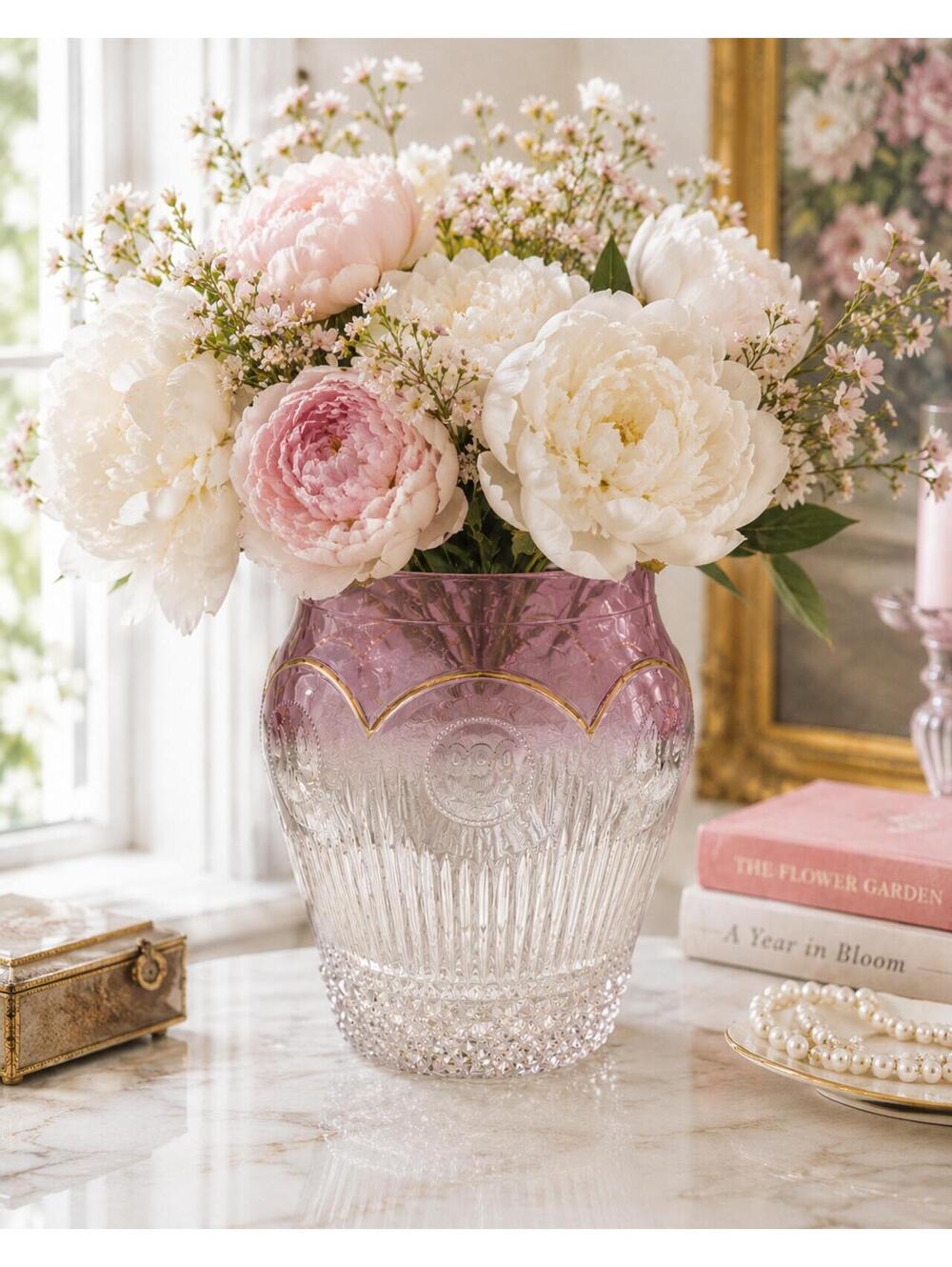 Antique EAPG Pink Blush Rose Bowl Vase Gold Trim Manhattan Sunrise Pattern c1900